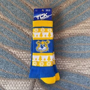 TCK Comfort Crew Socks UCLA ‘Retro Joe’ Blue Gold Christmas Sweater Socks